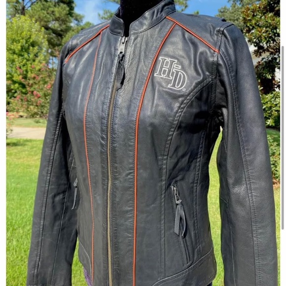 Harley-Davidson Black and Orange Leather Bomber Jacket - Picture 2 of 2